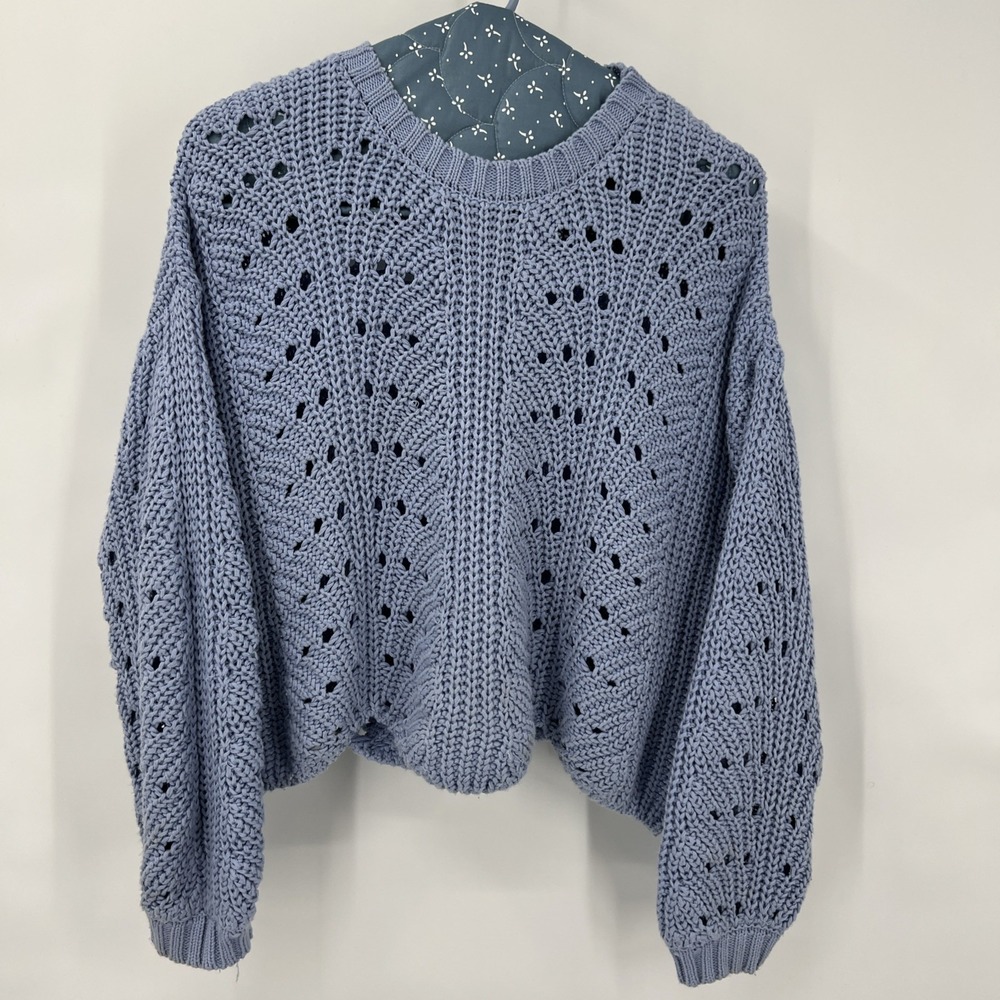 Women's L Scalloped Crop Open Knit Sweater Chunky Oversized Cottagecore Boho